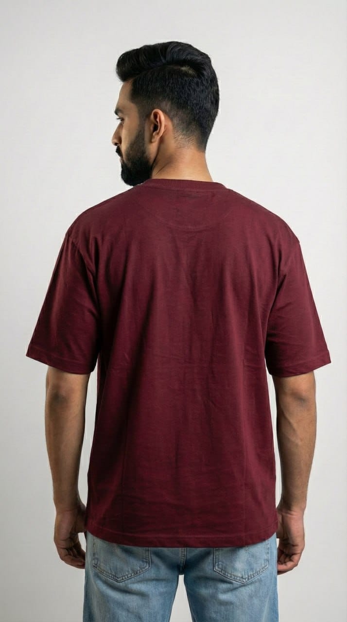 Men Maroon Oversized Drop Shoulder T-shirt with Embroidery (240 GSM)