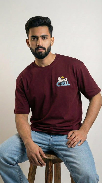 Men Maroon Oversized Drop Shoulder T-shirt with Embroidery (240 GSM)
