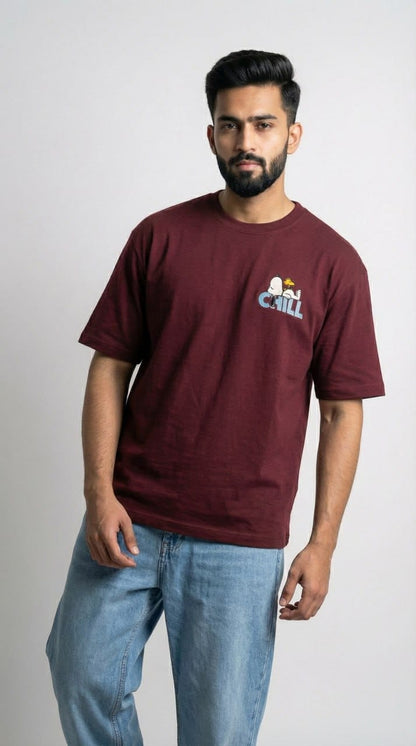Men Maroon Oversized Drop Shoulder T-shirt with Embroidery (240 GSM)