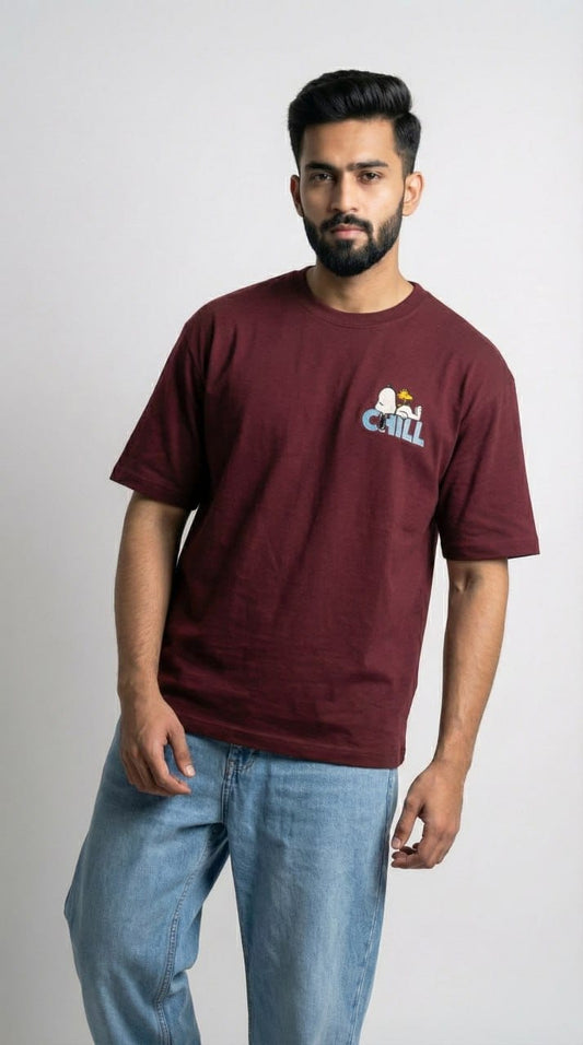 Men Maroon Oversized Drop Shoulder T-shirt with Embroidery (240 GSM)