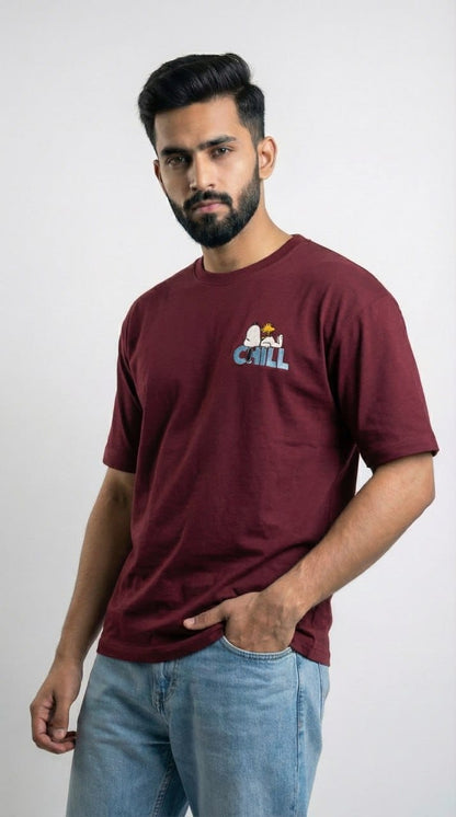 Men Maroon Oversized Drop Shoulder T-shirt with Embroidery (240 GSM)