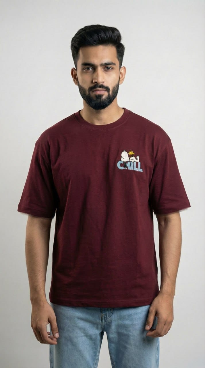 Men Maroon Oversized Drop Shoulder T-shirt with Embroidery (240 GSM)
