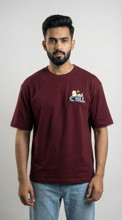 Men Maroon Oversized Drop Shoulder T-shirt with Embroidery (240 GSM)