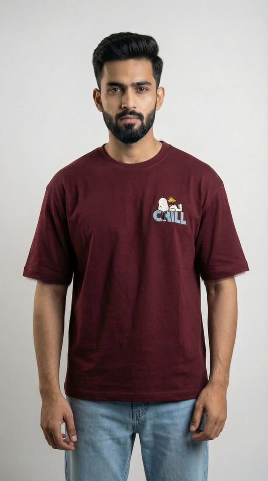 Men Maroon Oversized Drop Shoulder T-shirt with Embroidery (240 GSM)