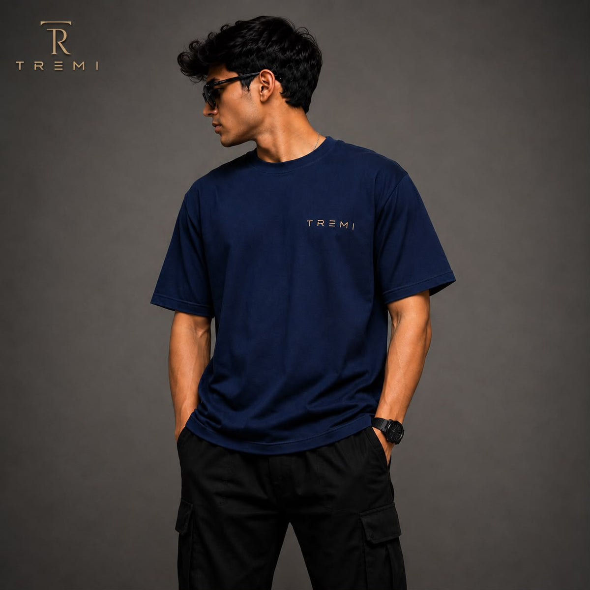 Men Navy Blue Oversized Drop Shoulder T-shirt